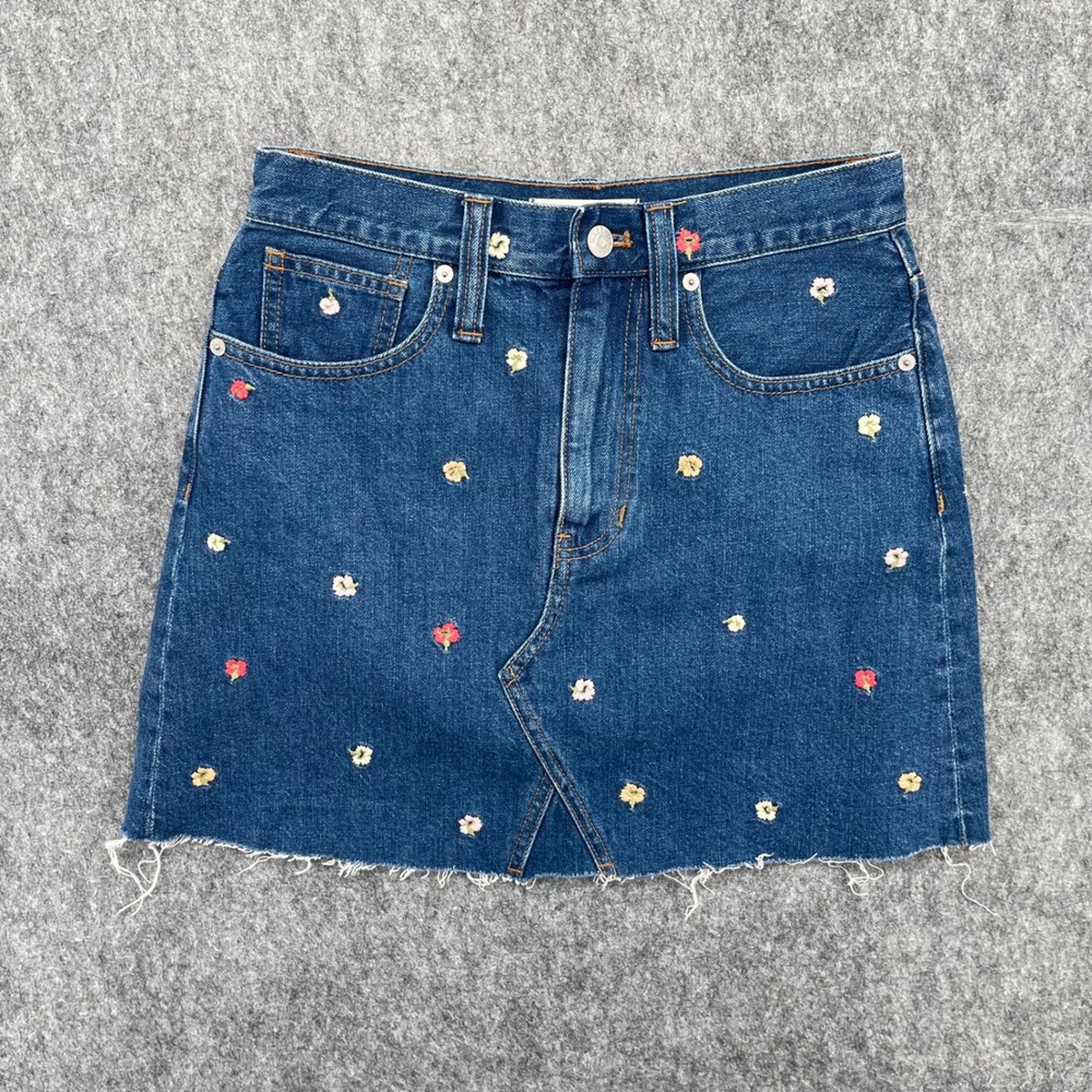 Madewell Denim Skirt Womens 25 Rigid Denim A-Line Mini Embroidered Floral Blue